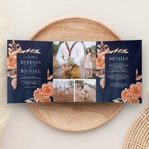 Convite Com Dobra Tripla Colagem de Fotos Florais de Laranja Queimada Casam