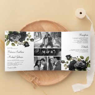 Convite Com Dobra Tripla Colagem de Fotos Florais de Rosas Pretas Casamento
