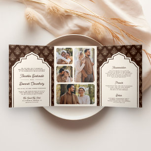 Convite Com Dobra Tripla Colagem de Fotos Ikat Marrom Creme Casamento India