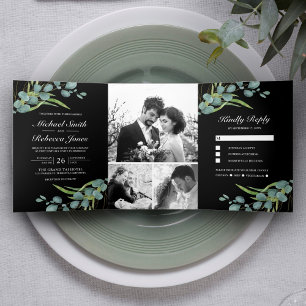 Convite Com Dobra Tripla Colagem de Fotos Rústicas de Eucalipto Casamento P