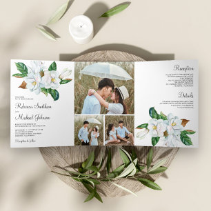 Convite Com Dobra Tripla Colagem Fotográfica Floral de Magnólia Branca Rúst