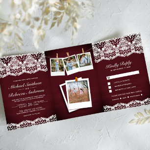 Convite Com Dobra Tripla Colar de Noiva com Colagem de Fotos em Renda de Ma