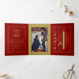 Convite Com Dobra Tripla Coma, beba e se case com Red & Dourado Wedte Suite