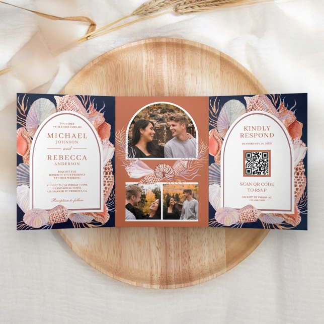 Convite Com Dobra Tripla Conchas Rústicas Náuticas Casamento Código QR Mari (Criador carregado)