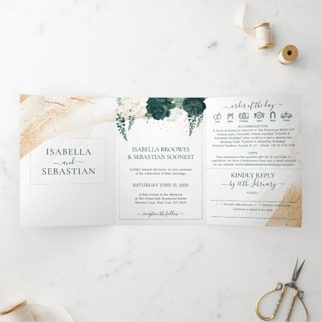 Convite Com Dobra Tripla Conjunto Branco de Casamento com Rosas Verde Esmer (Dentro)