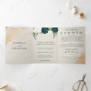 Convite Com Dobra Tripla Conjunto de casamento creme tudo em um com rosas e