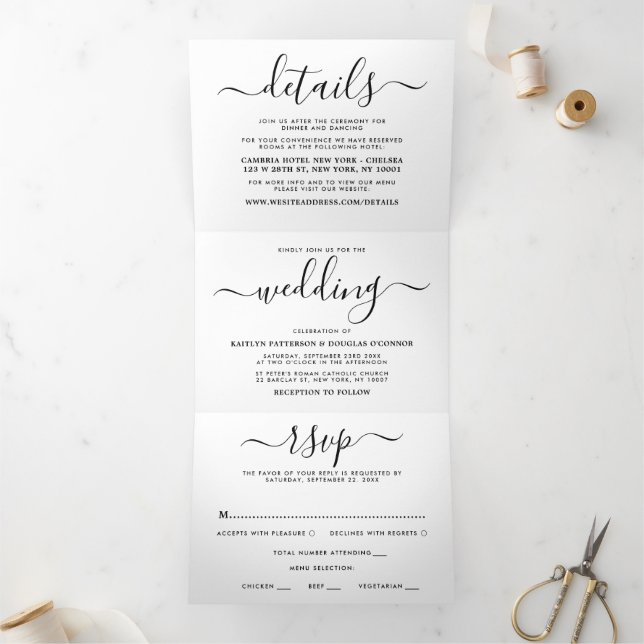 Convite Com Dobra Tripla Conjunto de Casamento de Letra Simples Preto e Bra (Dentro)