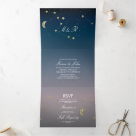 Convite Com Dobra Tripla Constelação Dourada Faux Foil Ombre Sky Casamento
