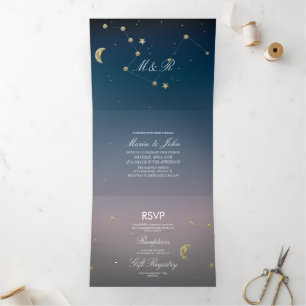 Convite Com Dobra Tripla Constelação Dourada Faux Foil Ombre Sky Casamento