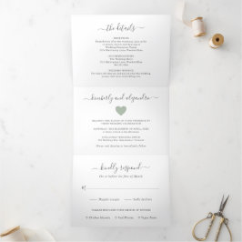 Convite Com Dobra Tripla Coração Fofo Simples Foto Casamento Moderno Verde 