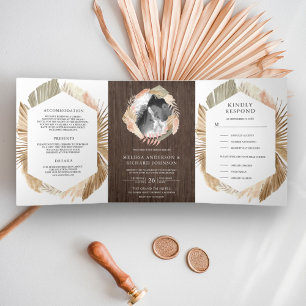 Convite Com Dobra Tripla Coroa Boho Pampas Palma Seca de Madeira 3 em 1 Cas
