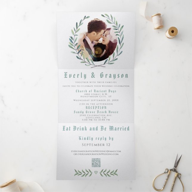 Convite Com Dobra Tripla Coroa de casamento Boho Azul e Verde (Dentro)
