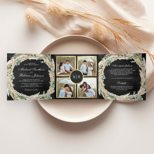 Convite Com Dobra Tripla Coroa de Eucalipto Boho Pampas Casamento Preto