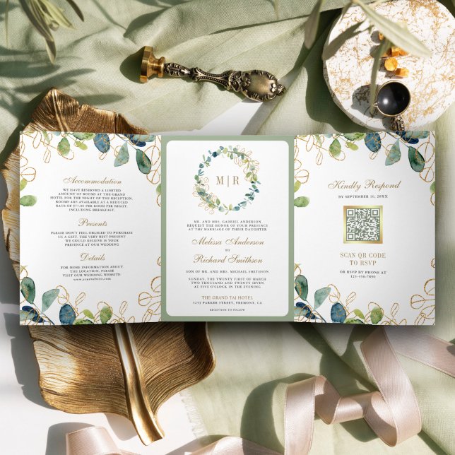 Convite Com Dobra Tripla Coroa de Eucalipto Rústico Código QR Casamento (Criador carregado)