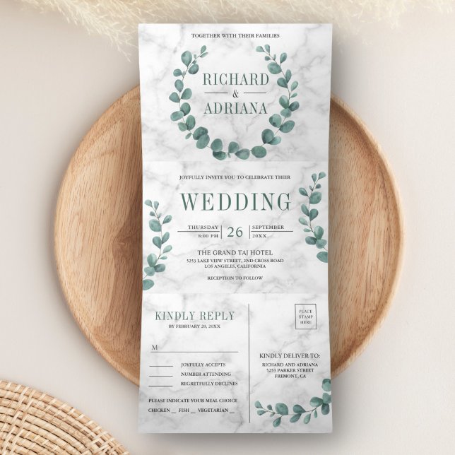 Convite Com Dobra Tripla Coroa de Eucalipto Simples para Casamento em Mármo (Criador carregado)