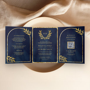 Convite Com Dobra Tripla Coroa de Folhas de Louro Dourado Casamento Azul Ma