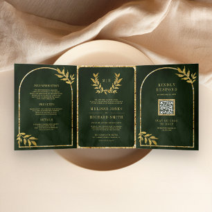 Convite Com Dobra Tripla Coroa de Louros Dourada Folhas Verde Oliva Casamen