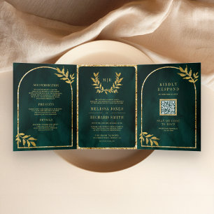 Convite Com Dobra Tripla Coroa de Louros Dourados Folhas Esmeralda Verde Ca