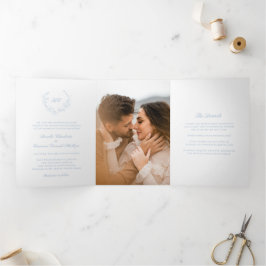 Convite Com Dobra Tripla Coroa de Monograma Azul Empoeirado Casamento Elega
