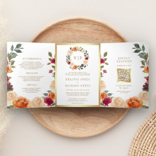 Convite Com Dobra Tripla Coroa Floral Rústica Terrosa Código QR Casamento