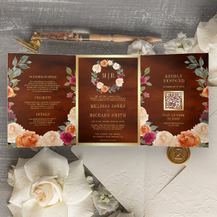 Convite Com Dobra Tripla Coroa Floral Terrosa Código QR Casamento Terracota