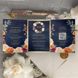 Convite Com Dobra Tripla Coroa Floral Terrosa Rústica Código QR Casamento A