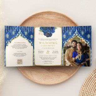 Convite Com Dobra Tripla Cortina Floral Azul Dourado Casamento Hindu Indian