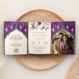 Convite Com Dobra Tripla Cortina Floral Dourada Roxa Casamento Hindu Indian