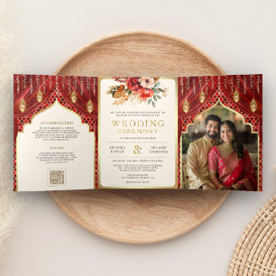 Convite Com Dobra Tripla Cortina Floral Ouro Vermelho Casamento Hindu India