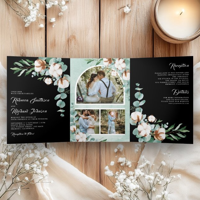 Convite Com Dobra Tripla Cotton Eucalyptus Photo All in One Black Wedding (Criador carregado)