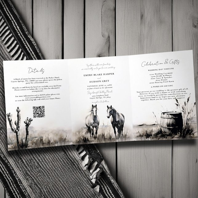 Convite Com Dobra Tripla Country Western Cowboy Art Sketch All One Wedch (country western wedding invitation tri fold all in one art sketch black white modern formal classic)