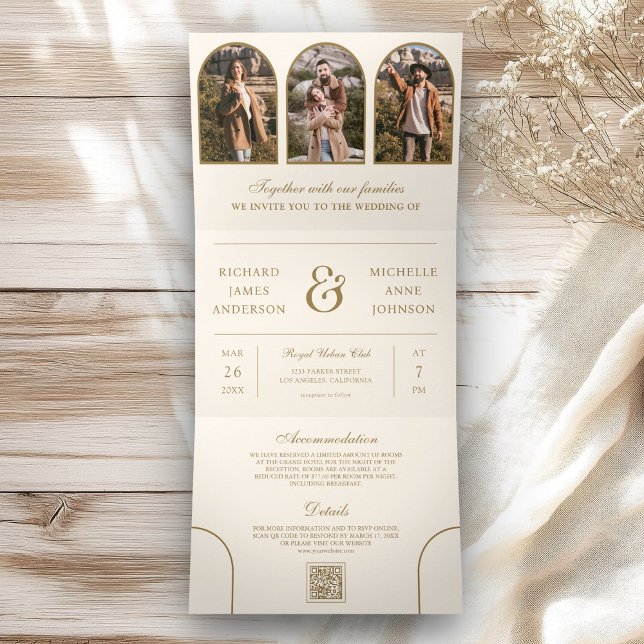 Convite Com Dobra Tripla Cream Gold Arch Photo QR code Wedding (Criador carregado)