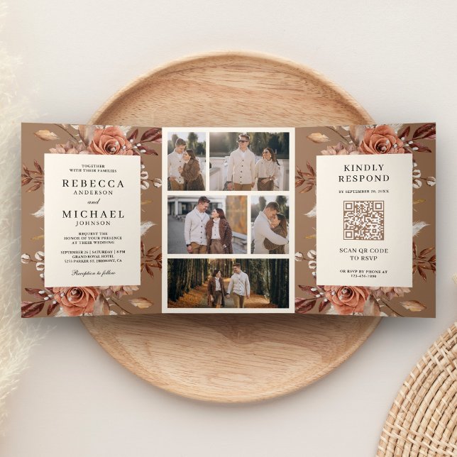 Convite Com Dobra Tripla Cream Terracotta Floral QR Code Beige Tan Wedding (Criador carregado)