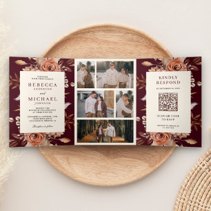 Convite Com Dobra Tripla Cream Terracotta Floral QR Code Burgundy Casamento