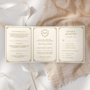 Convite Com Dobra Tripla Creme Clássico Elegante e Casamento de Monogramas