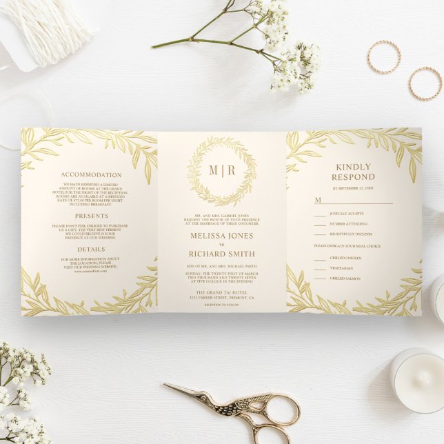 Convite Com Dobra Tripla Creme e Leaf Branch Dourado Tudo em Um Casamento (Criador carregado)