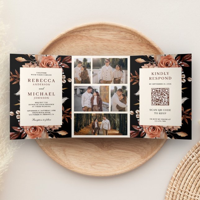 Convite Com Dobra Tripla Creme e Terracotta Código QR Floral Casamento Pret (Criador carregado)
