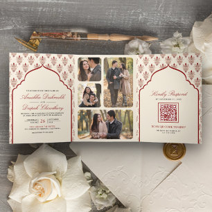 Convite Com Dobra Tripla Creme Vermelho Ikat Tudo em Um Casamento Indiano