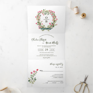 Convite Com Dobra Tripla Crest Floral Aquarela/Coroa Jardim Casamento