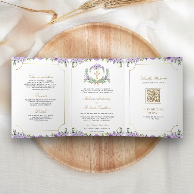 Convite Com Dobra Tripla Cruz Católica Dourada com Código QR e Floral Roxo  (Criador carregado)