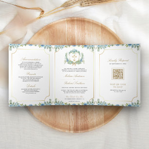 Convite Com Dobra Tripla Cruz Católica em Ouro com Código QR Floral Azul pa