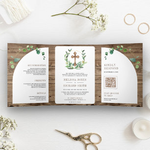 Convite Com Dobra Tripla Cruz de Madeira de Eucalipto All in One Casamento 