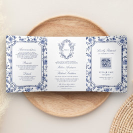 Convite Com Dobra Tripla Cumeeira de Chinoiserie Branco e Azul com Código Q