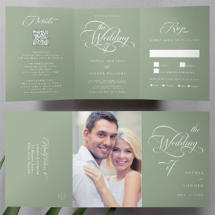 Convite Com Dobra Tripla Delicate Elegant Script Wedding Sage Green