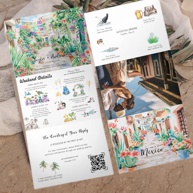 Convite Com Dobra Tripla Destino Sayulita Mexico | Casamento Ilustrado (Criador carregado)