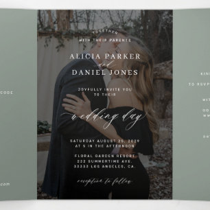 Convite Com Dobra Tripla Detalhes de RSVP de foto de casamento em verde sal