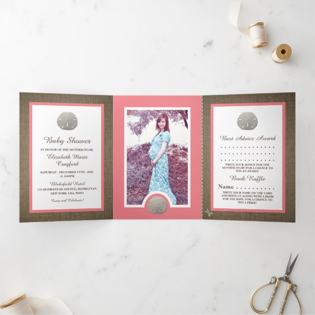 Convite Com Dobra Tripla Dólares de areia e Burlap, Beach Chá de fraldas Su (Dentro)