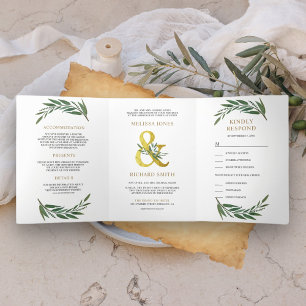 Convite Com Dobra Tripla Dourada Ampersand Olive Branch All in One Wedding