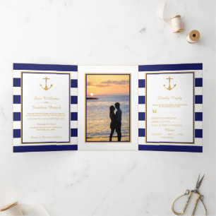 Convite Com Dobra Tripla Dourada âncora, Blue & White Stripe Wedding Suite
