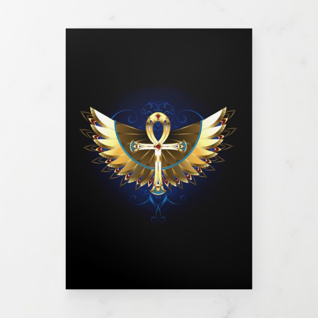 Convite Com Dobra Tripla Dourada Ankh com Asas (Cobrir)